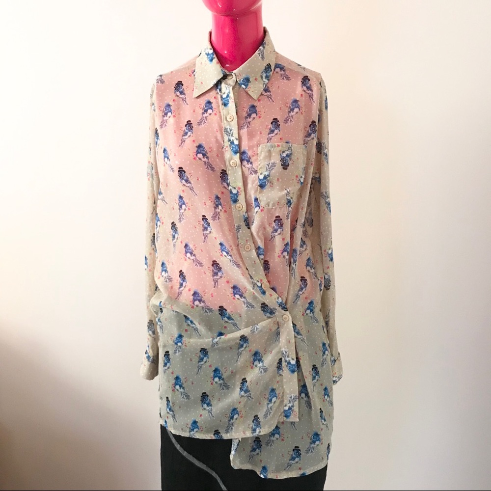 Pinkyotto Bird Pattern Asymmetrical Button Blouse - image 2